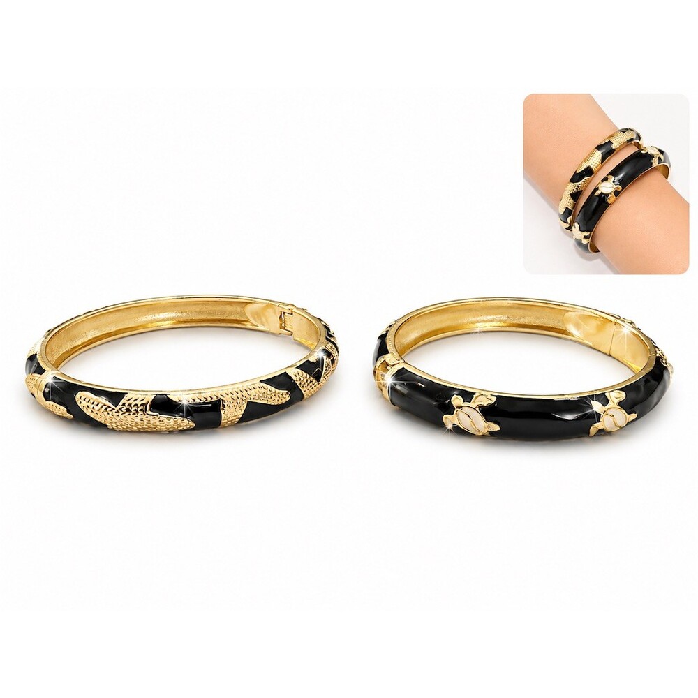 Nordstrom Bracelet Set of 2 Gold Plated Enamel Bangles Turtle starfish